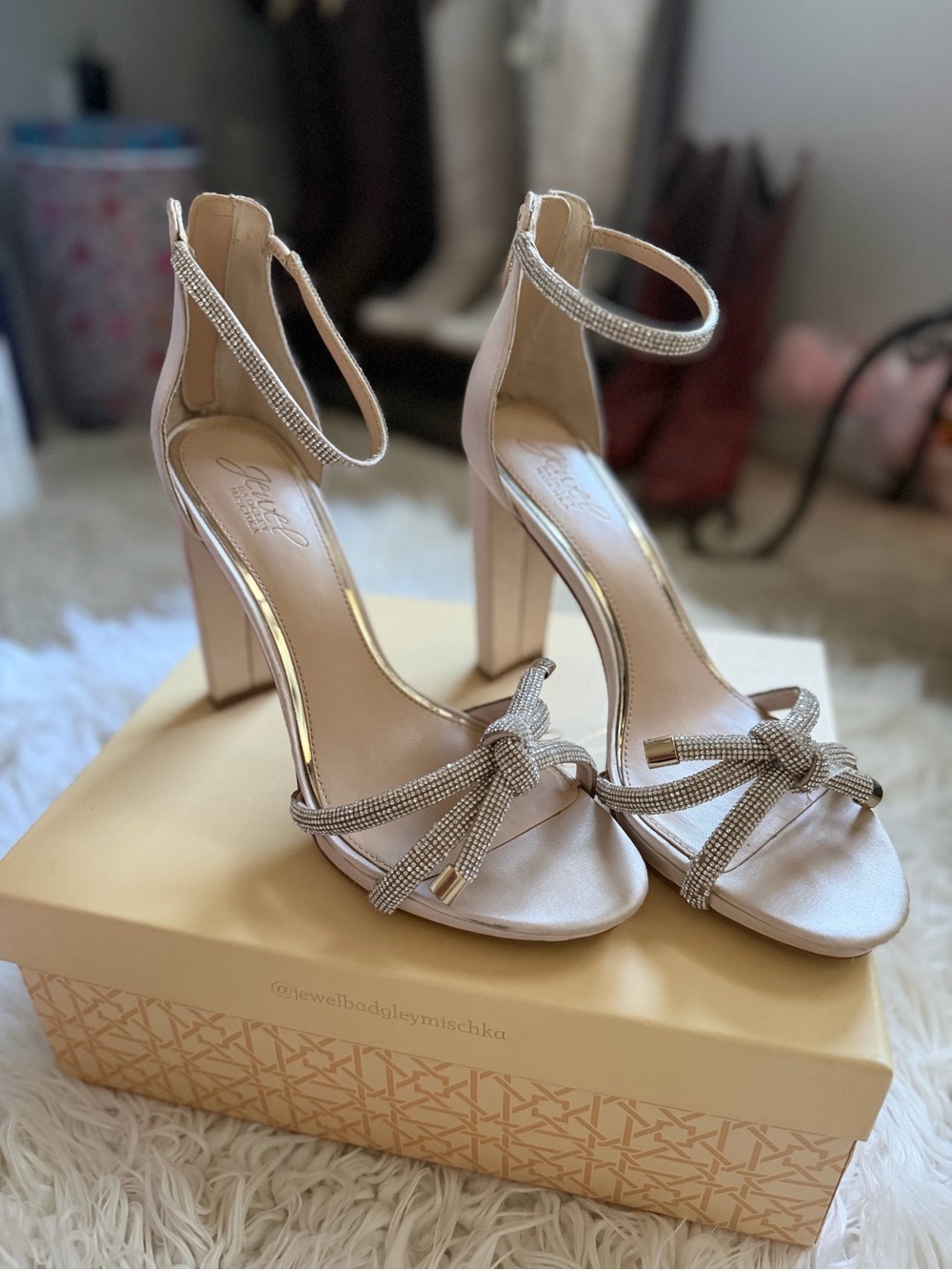 Badgley Mischka Blush Crystal-Knot Ankle-Strap Block Heels